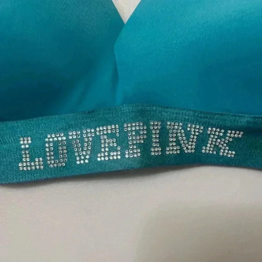 Victoria Secret Love Pink Bra Size 34C Bedazzled Turquoise Pink Padded Push Up - Picture 9 of 9